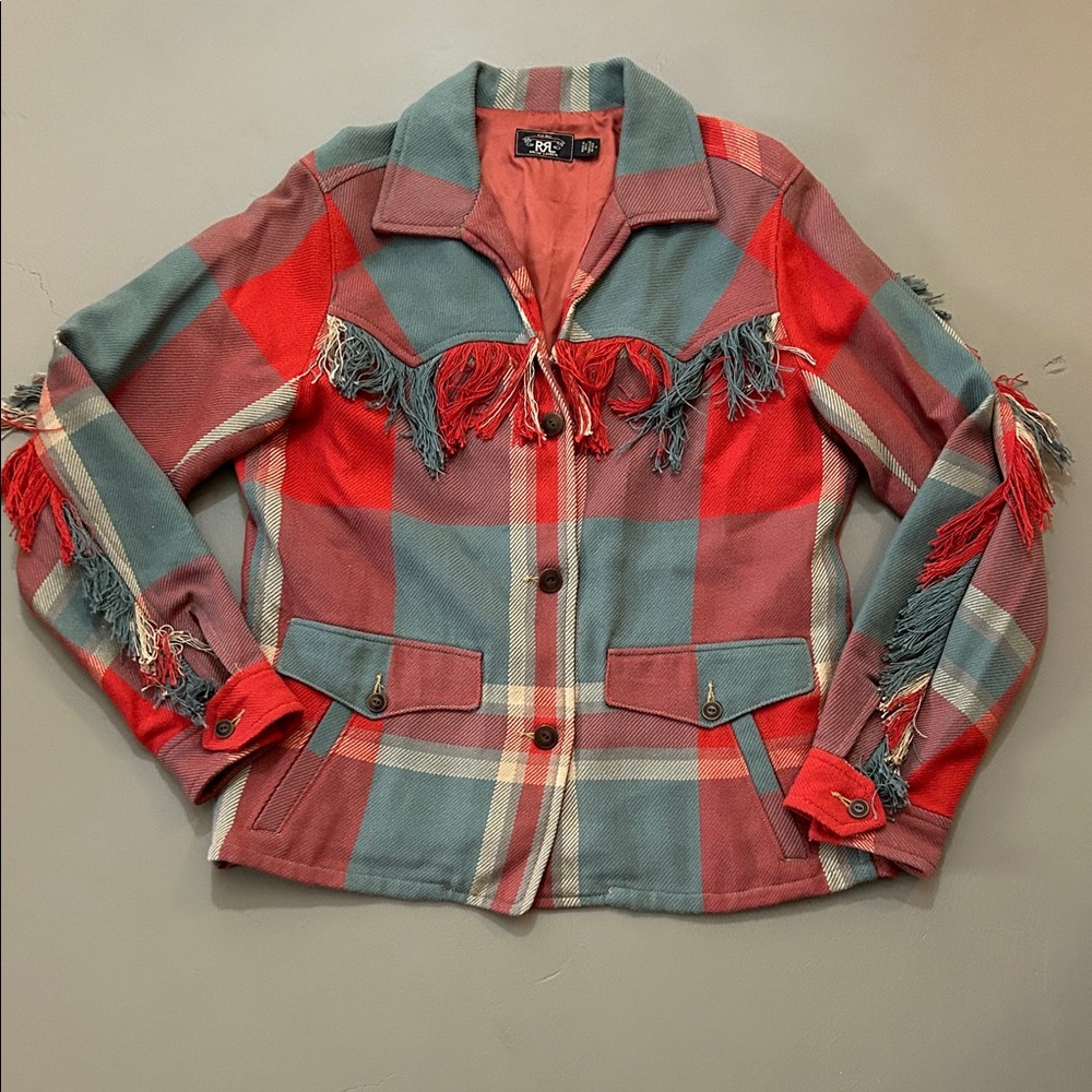 RRL women’s plaid fringe jacket blue red pockets Ralph lauren 4 M L western coat
